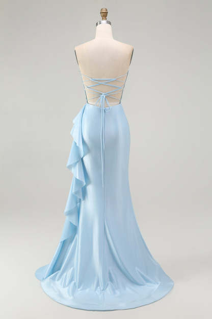 Light Blue Mermaid Corset Sparkly Beaded Long Prom Dress with Ruffles