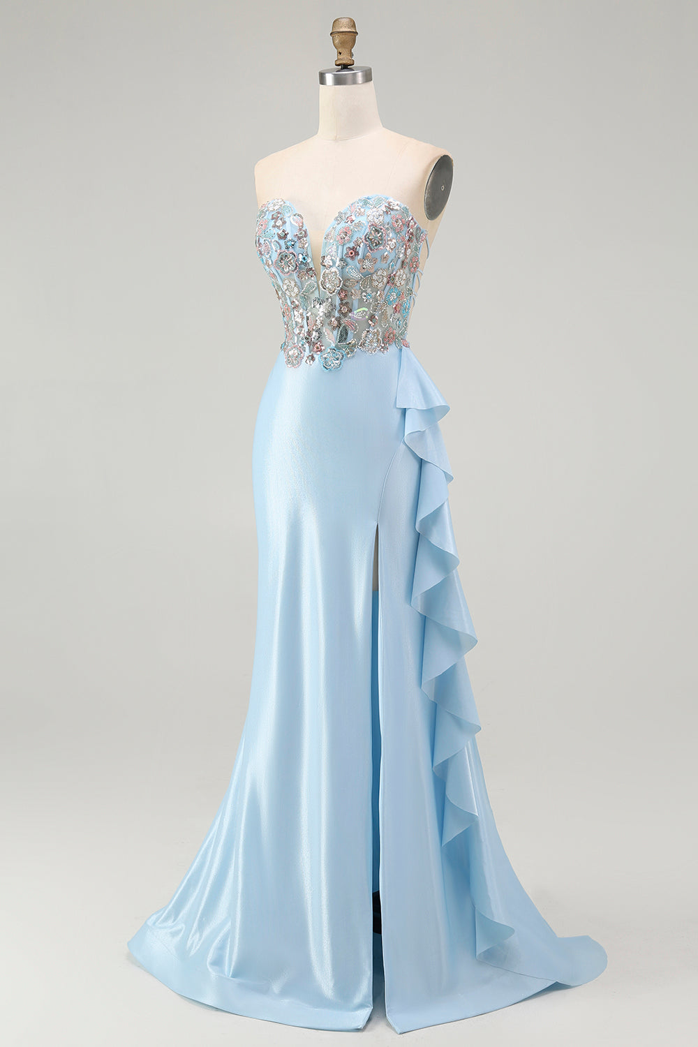 Light Blue Mermaid Corset Sparkly Beaded Long Prom Dress with Ruffles