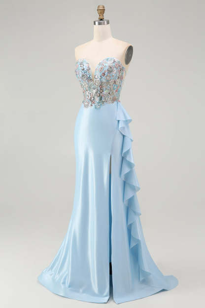 Light Blue Mermaid Corset Sparkly Beaded Long Prom Dress with Ruffles