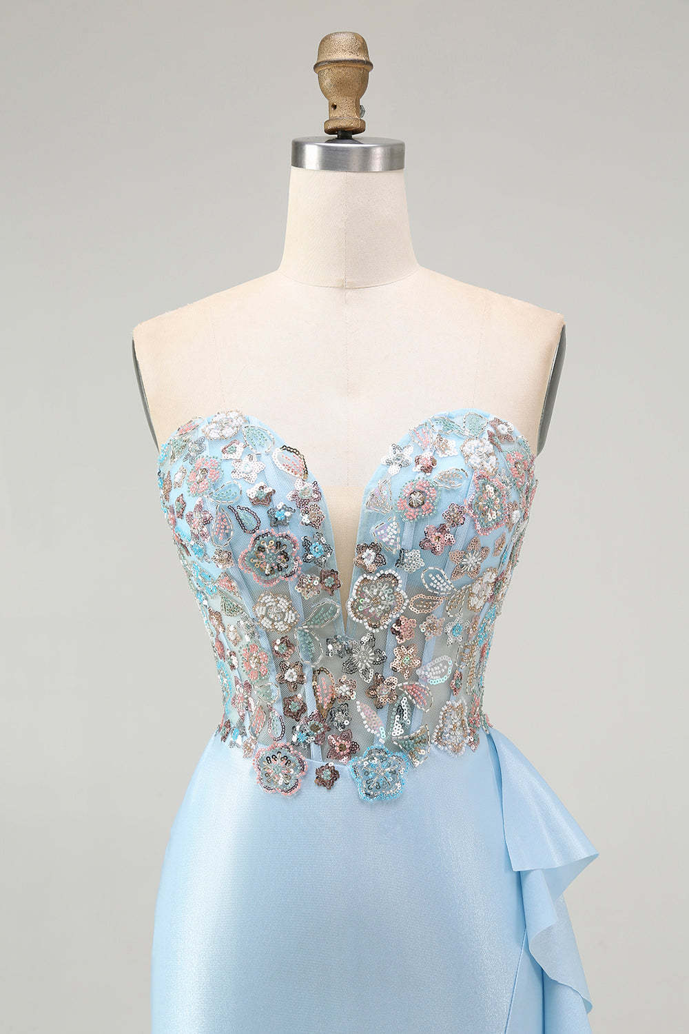 Light Blue Mermaid Corset Sparkly Beaded Long Prom Dress with Ruffles