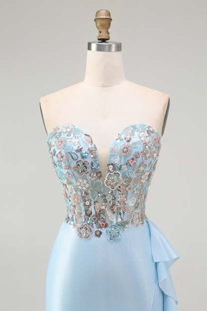 Light Blue Mermaid Corset Sparkly Beaded Long Prom Dress with Ruffles