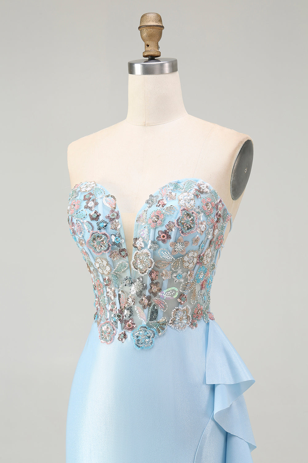 Light Blue Mermaid Corset Sparkly Beaded Long Prom Dress with Ruffles