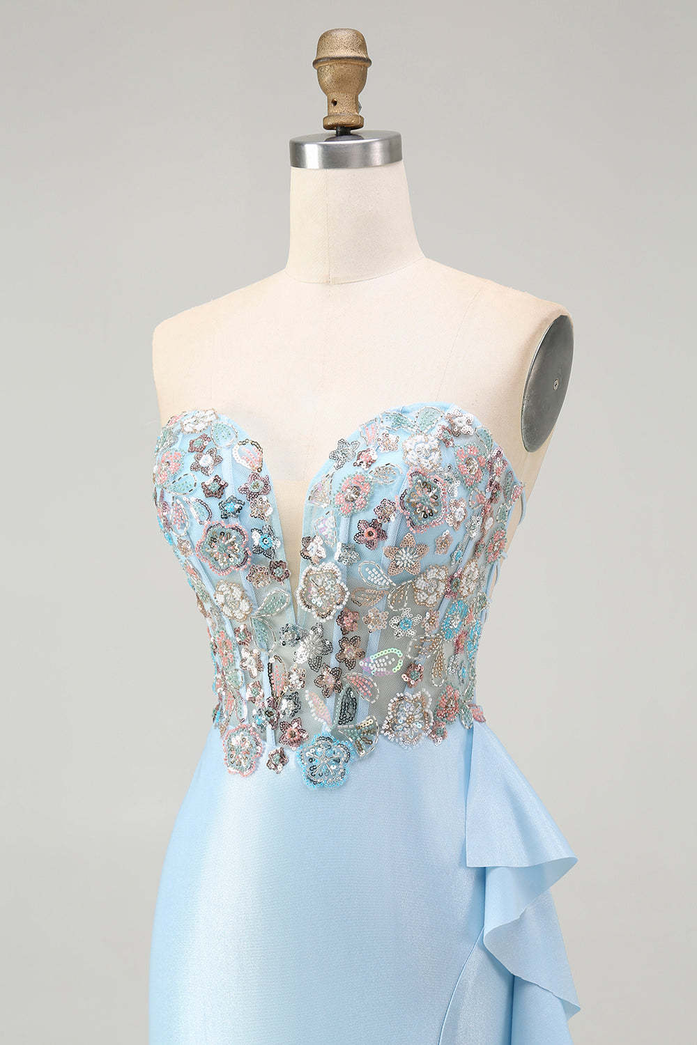 Light Blue Mermaid Corset Sparkly Beaded Long Prom Dress with Ruffles