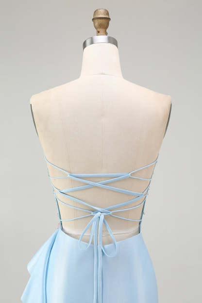 Light Blue Mermaid Corset Sparkly Beaded Long Prom Dress with Ruffles