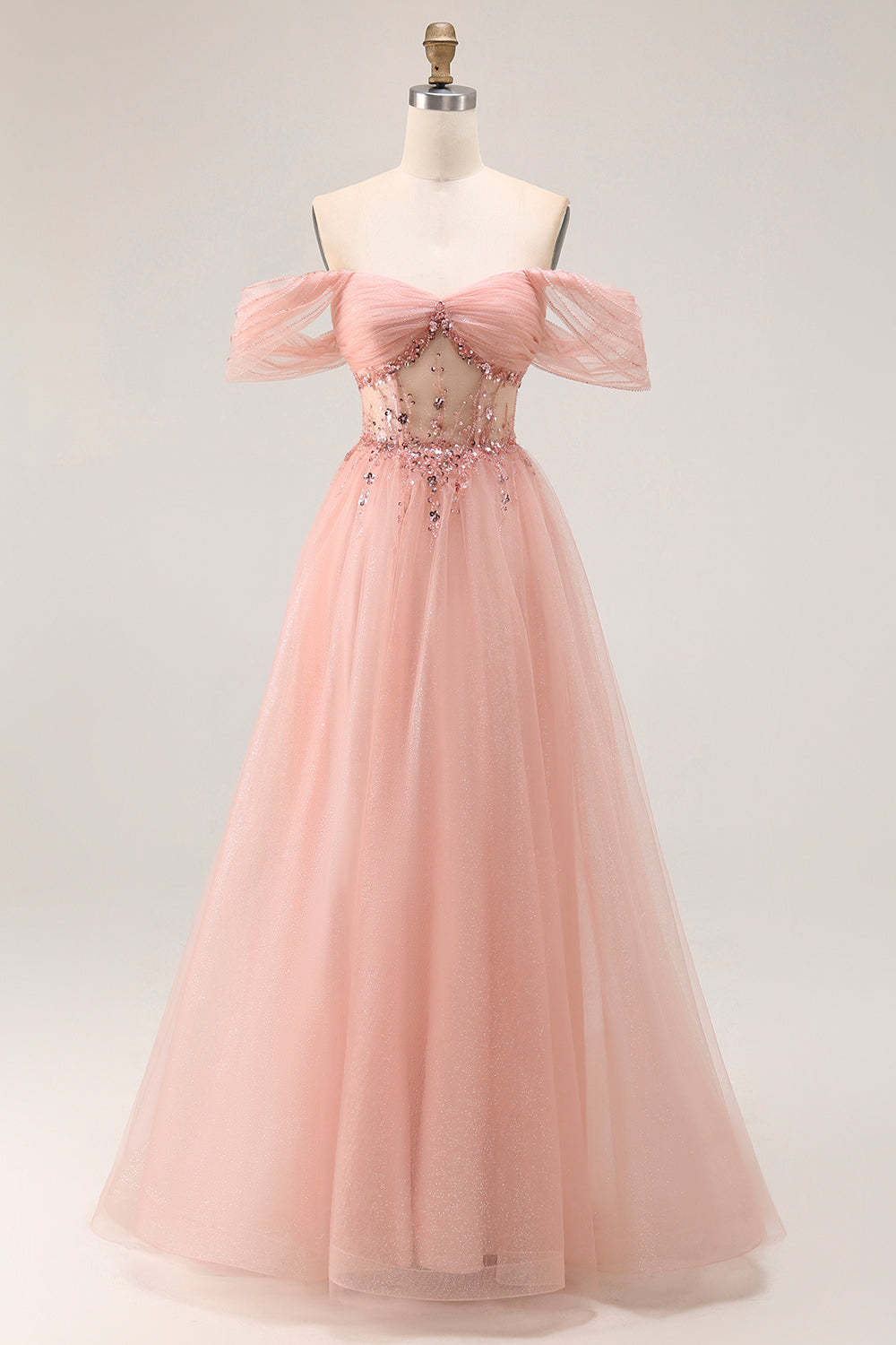 Leely Women Sparkly Blush Tulle Maxi Corset Prom Dress with Sequins A Line Off the Shoulder Pageant Dress