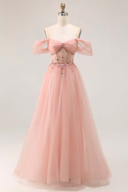Leely Women Sparkly Blush Tulle Maxi Corset Prom Dress with Sequins A Line Off the Shoulder Pageant Dress