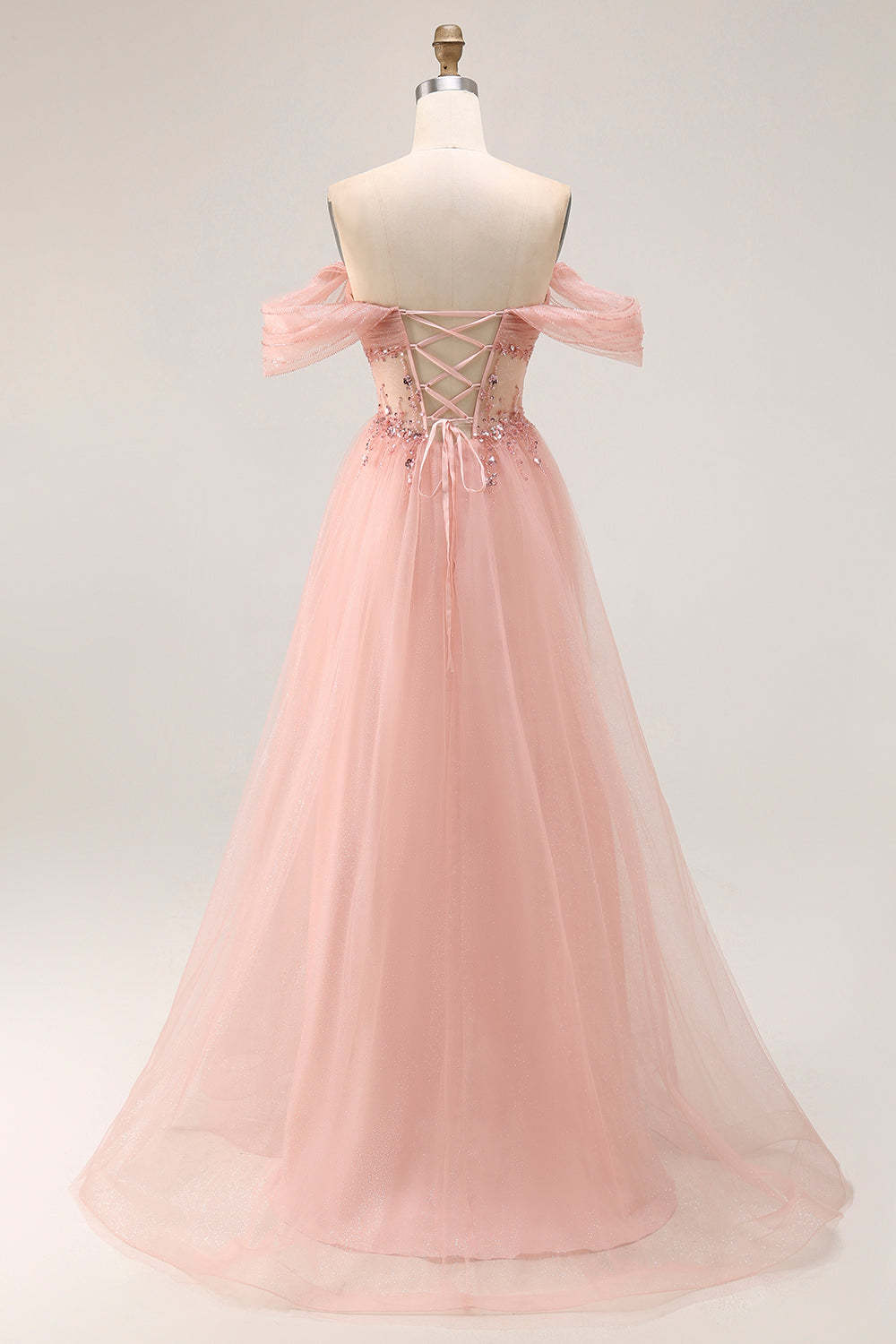 Sparkly Blush Off the Shoulder Maxi Prom Dress with Sequins