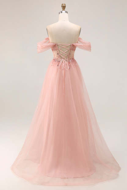 Sparkly Blush Off the Shoulder Maxi Prom Dress with Sequins