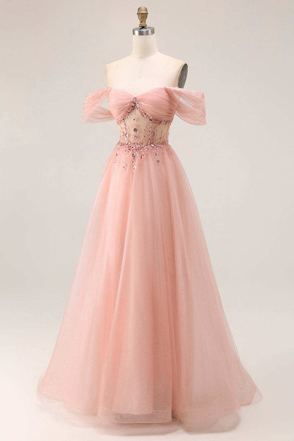 Sparkly Blush Off the Shoulder Maxi Prom Dress with Sequins