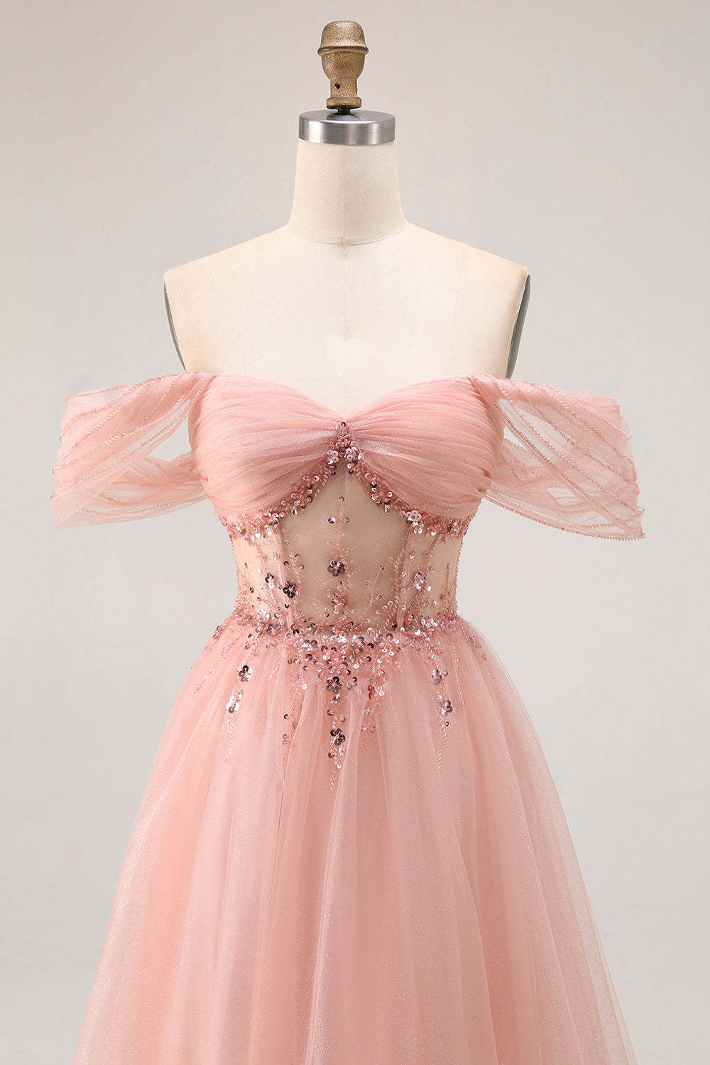 Sparkly Blush Off the Shoulder Maxi Prom Dress with Sequins