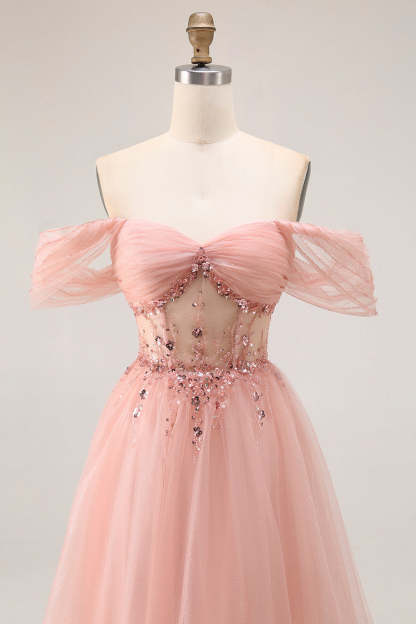 Sparkly Blush Off the Shoulder Maxi Prom Dress with Sequins