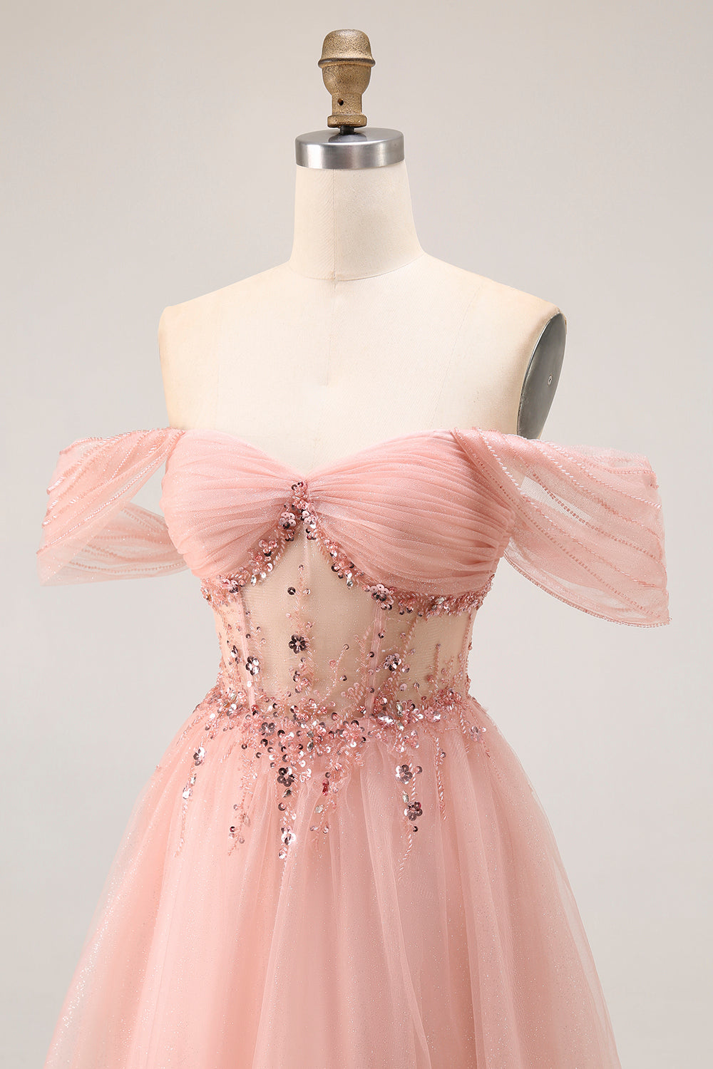 Sparkly Blush Off the Shoulder Maxi Prom Dress with Sequins