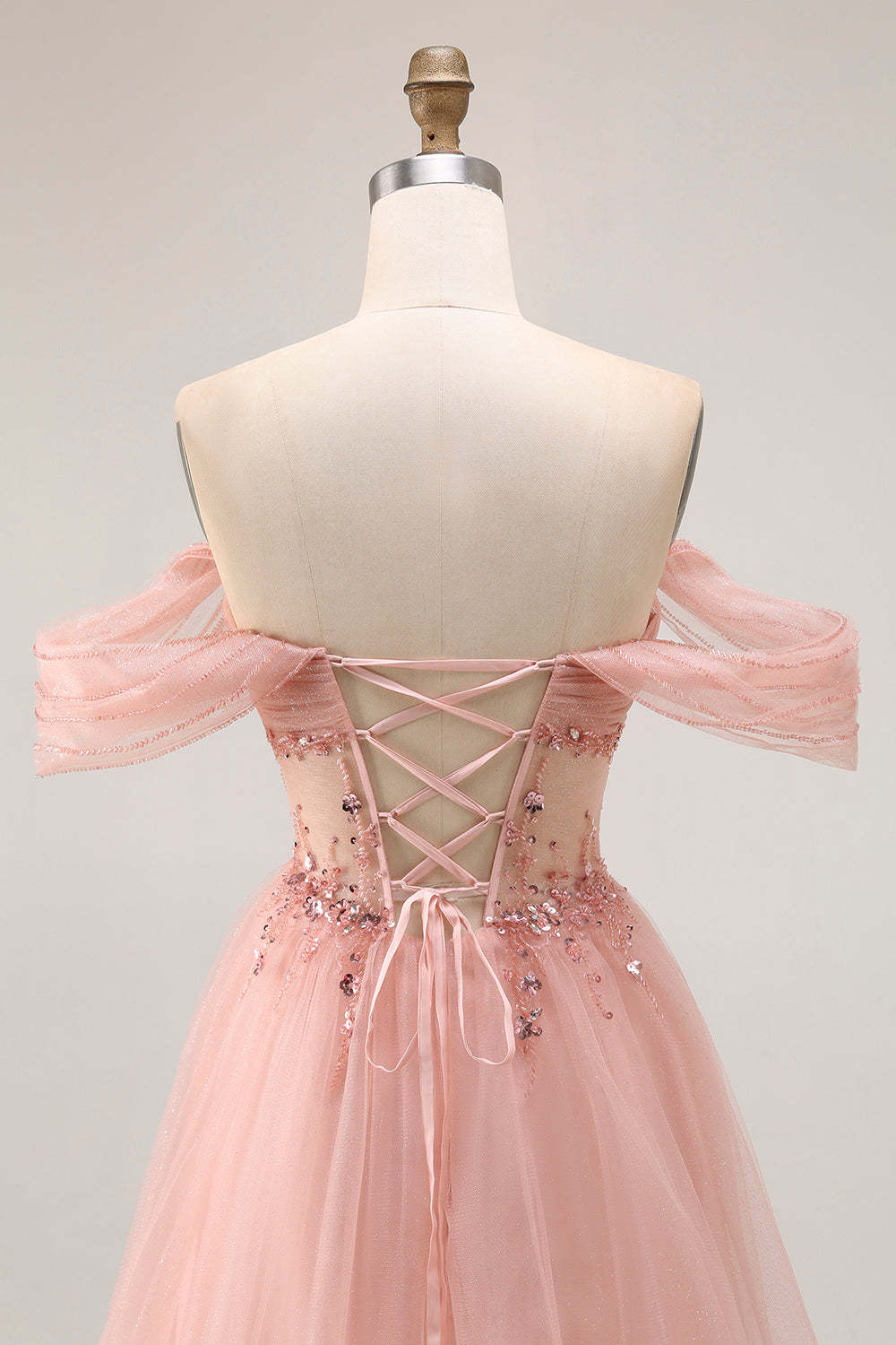 Sparkly Blush Off the Shoulder Maxi Prom Dress with Sequins