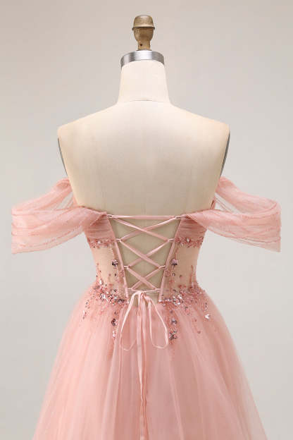 Sparkly Blush Off the Shoulder Maxi Prom Dress with Sequins