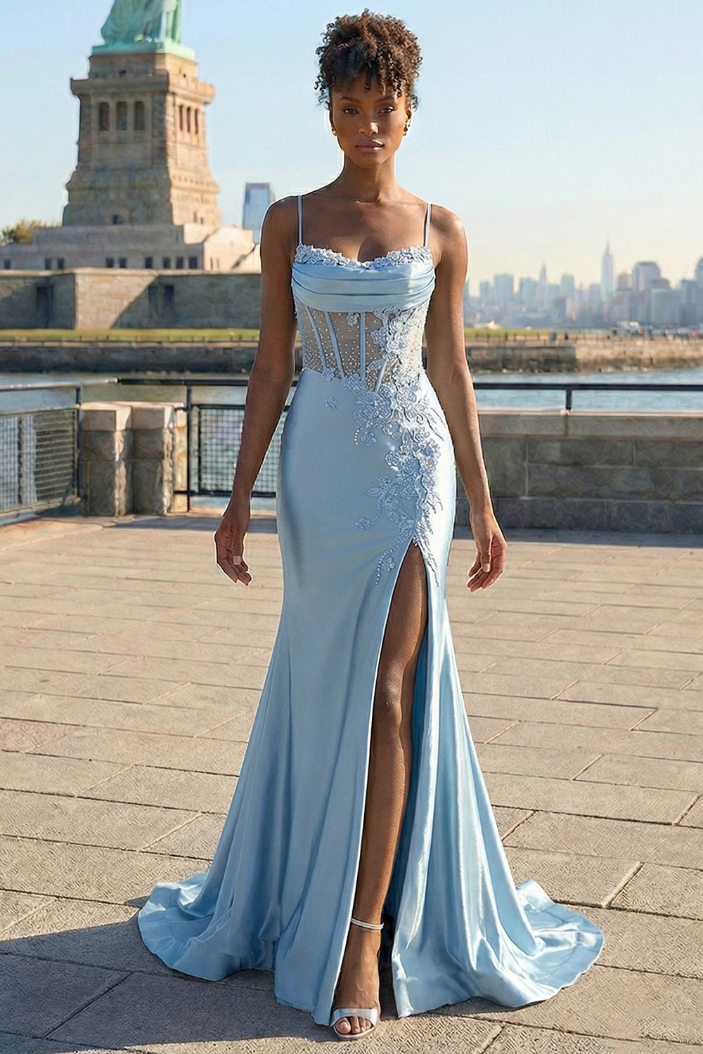 Floral Grey Blue Corset Mermaid Appliqued Maxi Prom Dress with Slit