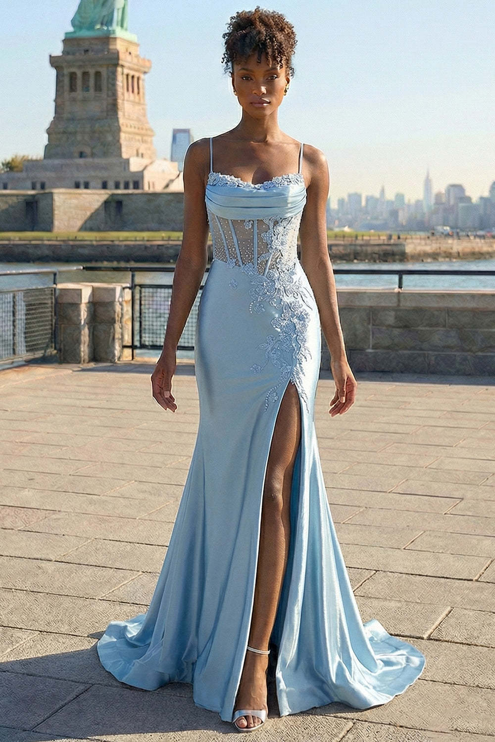 Leely Women Floral Grey Blue Corset Appliqued Maxi Prom Dress with Slit Sparkly Mermaid Spaghetti Straps Satin Evening Dress with Beading