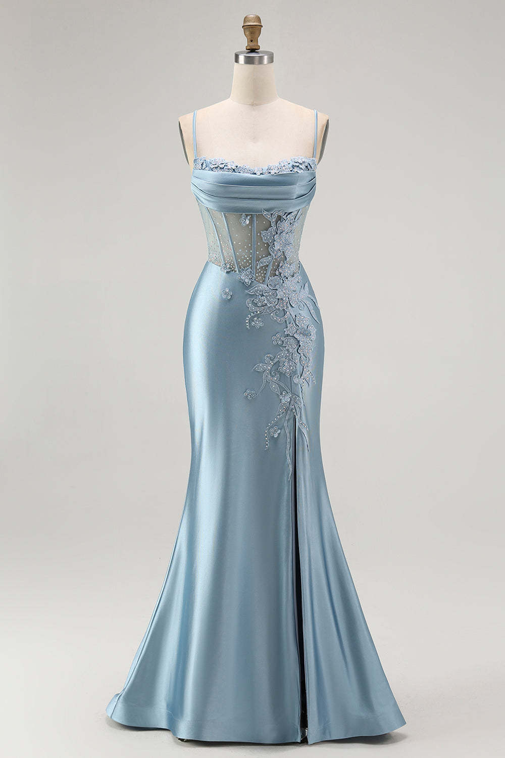 Floral Grey Blue Corset Mermaid Appliqued Maxi Prom Dress with Slit