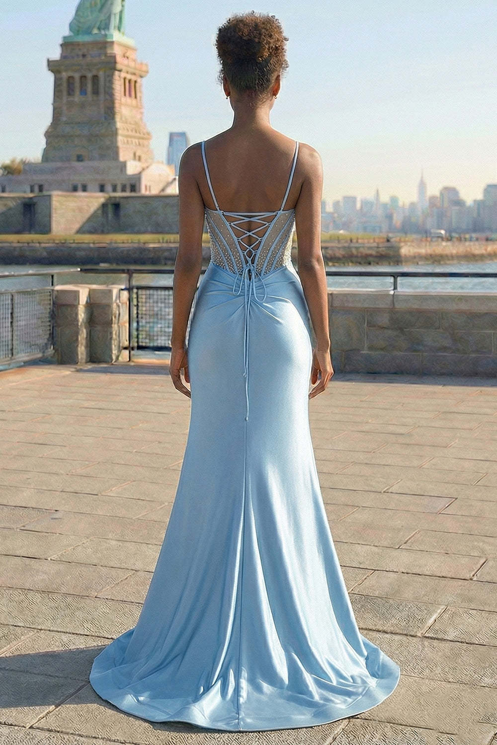 Floral Grey Blue Corset Mermaid Appliqued Maxi Prom Dress with Slit