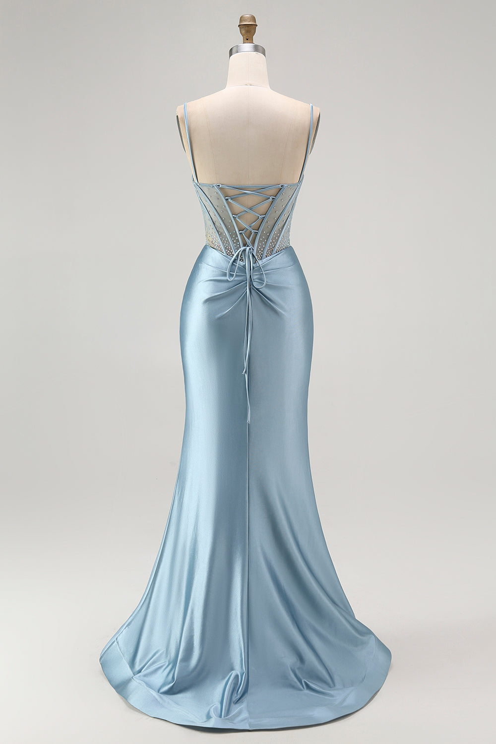 Floral Grey Blue Corset Mermaid Appliqued Maxi Prom Dress with Slit
