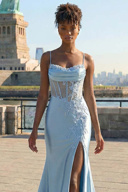 Floral Grey Blue Corset Mermaid Appliqued Maxi Prom Dress with Slit