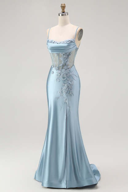 Sparkly Grey Blue Corset Mermaid Appliqued Maxi Prom Dress with Slit