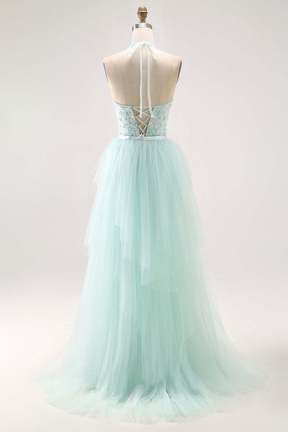 Sparkly Light Green Halter Beaded Long Prom Dress with Detachable Train