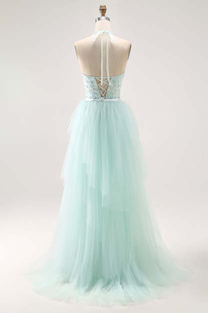 Sparkly Light Green Halter Beaded Long Prom Dress with Detachable Train