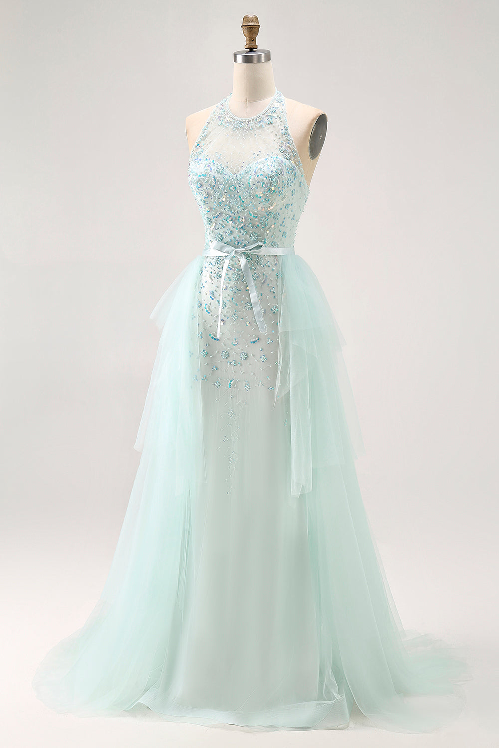 Sparkly Light Green Halter Beaded Long Prom Dress with Detachable Train