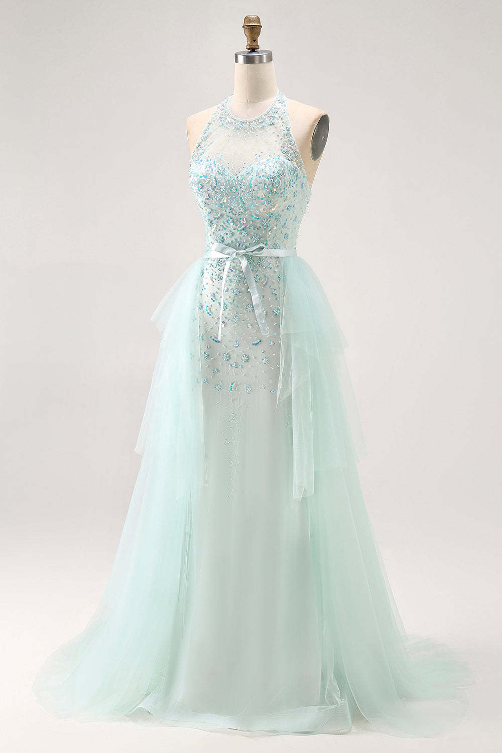 Sparkly Light Green Halter Beaded Long Prom Dress with Detachable Train