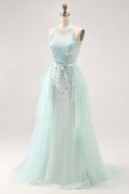 Sparkly Light Green Halter Beaded Long Prom Dress with Detachable Train