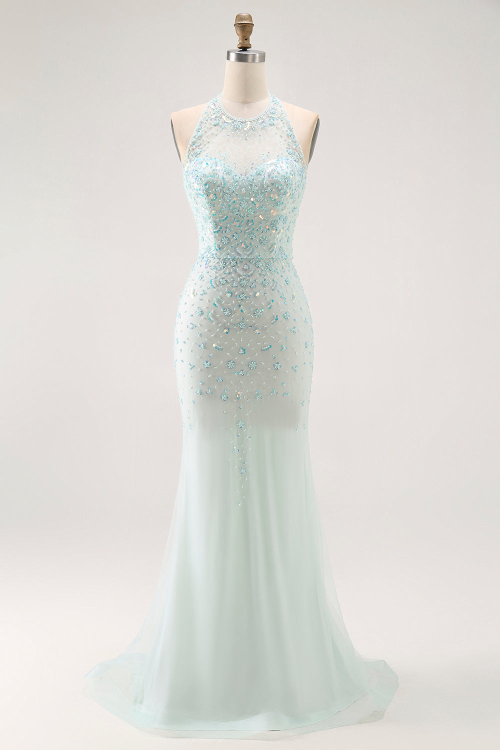 Sparkly Light Green Halter Beaded Long Prom Dress with Detachable Train