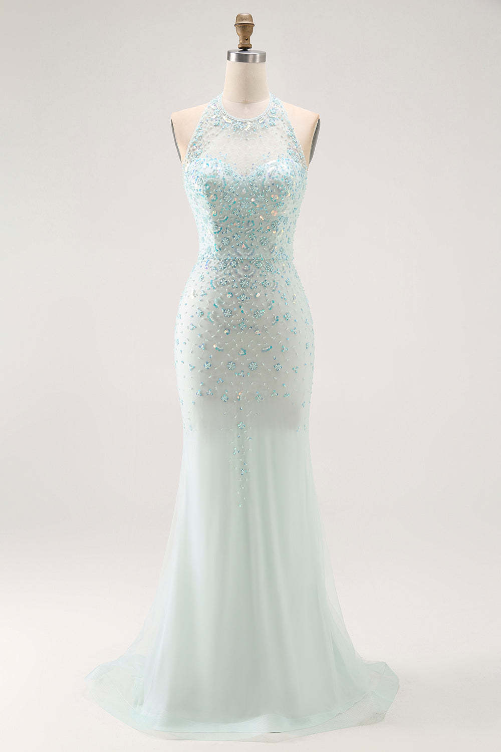 Sparkly Light Green Halter Beaded Long Prom Dress with Detachable Train