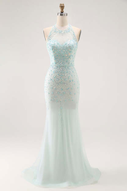 Sparkly Light Green Halter Beaded Long Prom Dress with Detachable Train