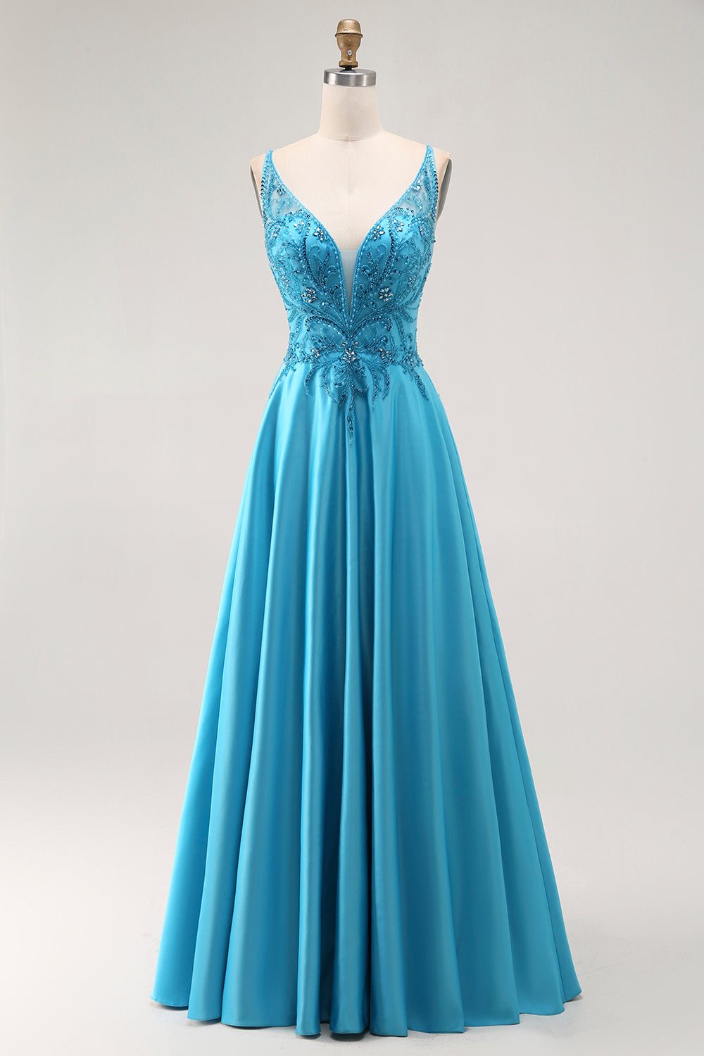 Leely Women Sparkly Blue Satin Long Prom Dress with Beading V Neck A Line Lace Up Back Evening Dress
