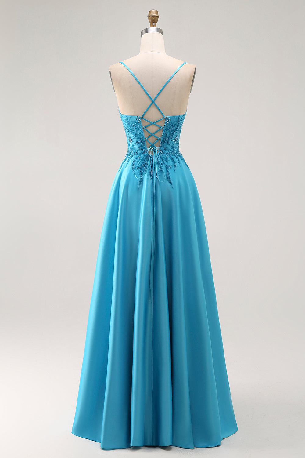 Sparkly Blue Satin V Neck A Line Long Prom Dress with Beading