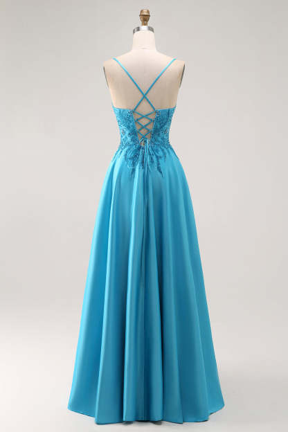 Sparkly Blue Satin V Neck A Line Long Prom Dress with Beading
