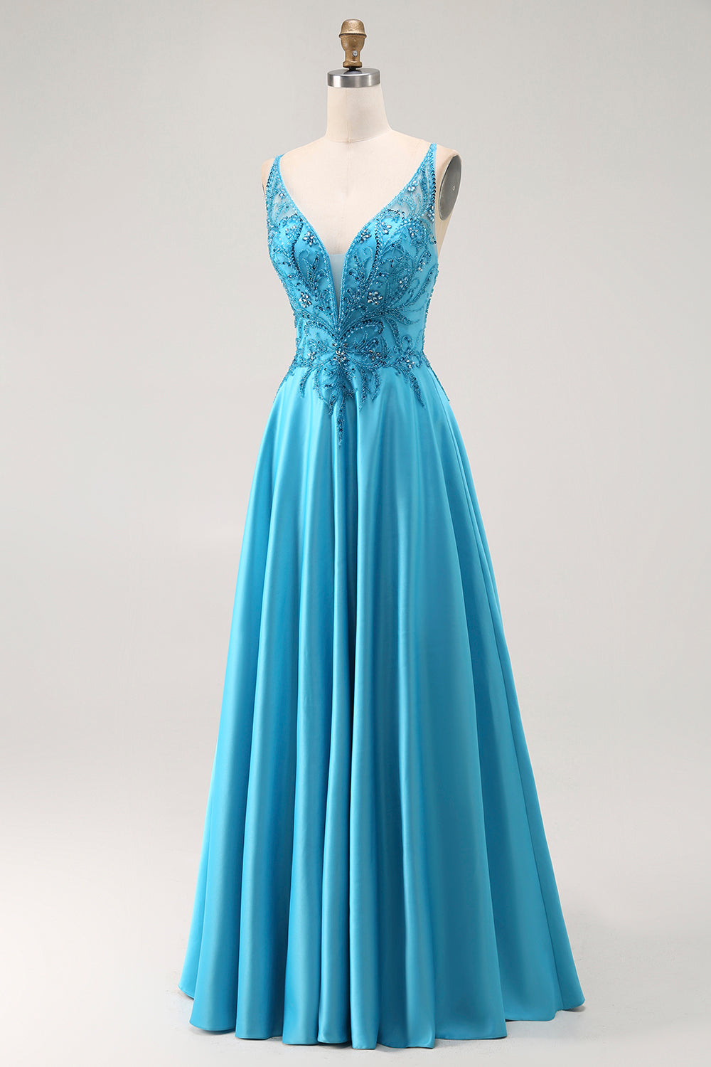 Sparkly Blue Satin V Neck A Line Long Prom Dress with Beading