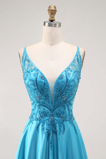 Sparkly Blue Satin V Neck A Line Long Prom Dress with Beading