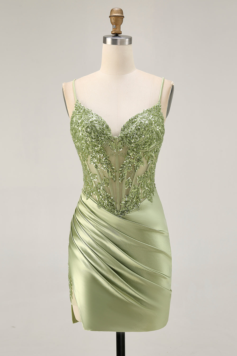 Sparkly Sage Green Satin Tight Ruched Short Corset Homecoming Dress with Sequins