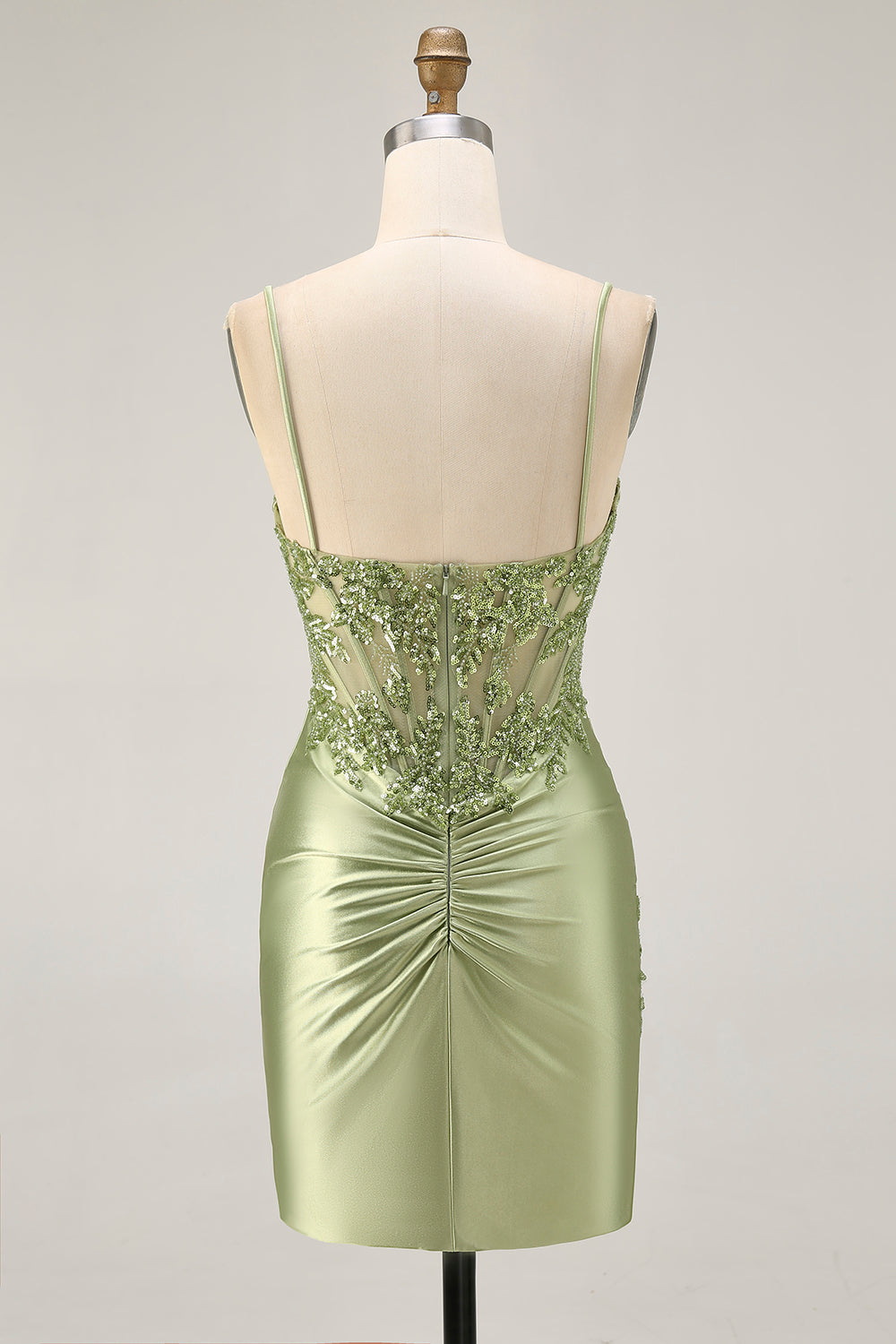 Sparkly Sage Green Satin Tight Ruched Short Corset Homecoming Dress with Sequins