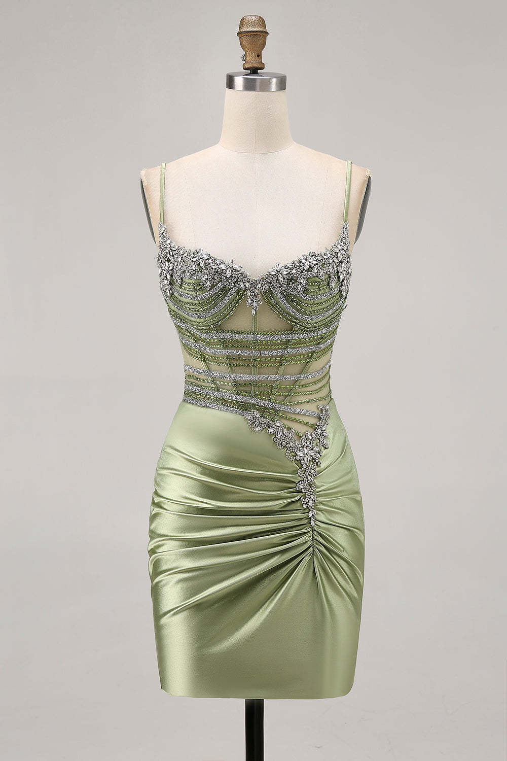 Leely Women Sage Green Corset Short Sparkly Homecoming Dress with Rhinestones Tight Satin Ruched Spaghetti Straps Cocktail Dress with Beading