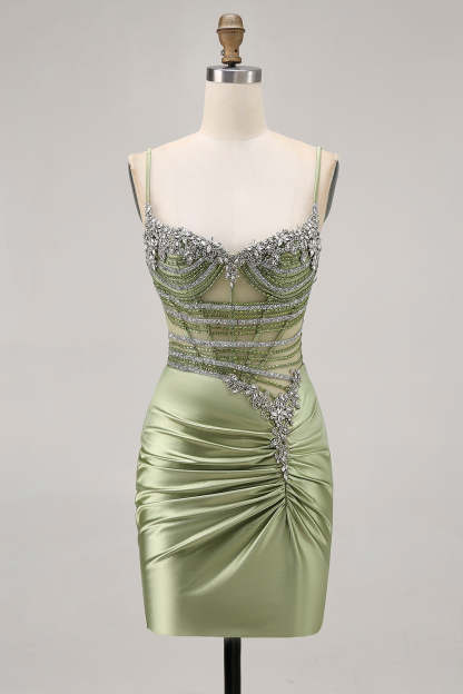 Leely Women Sage Green Corset Short Sparkly Homecoming Dress with Rhinestones Tight Satin Ruched Spaghetti Straps Cocktail Dress with Beading