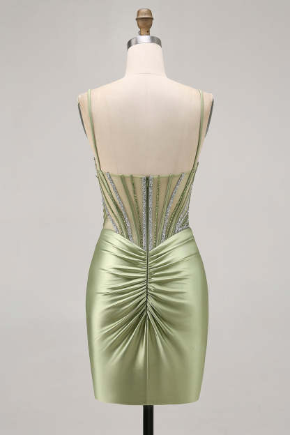 Sage Green Ruched Corset Tight Short Sparkly Homecoming Dress with Rhinestones