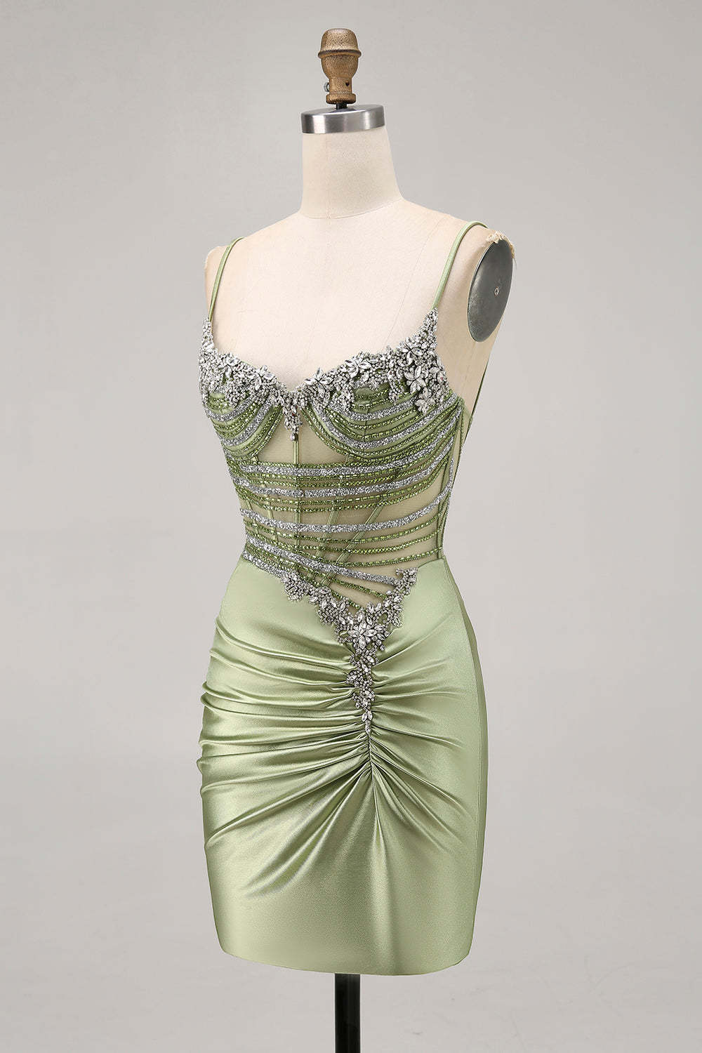Sage Green Ruched Corset Tight Short Sparkly Homecoming Dress with Rhinestones