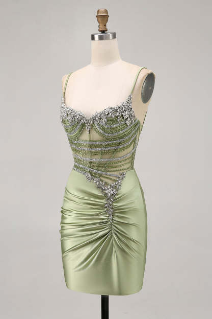 Sage Green Ruched Corset Tight Short Sparkly Homecoming Dress with Rhinestones