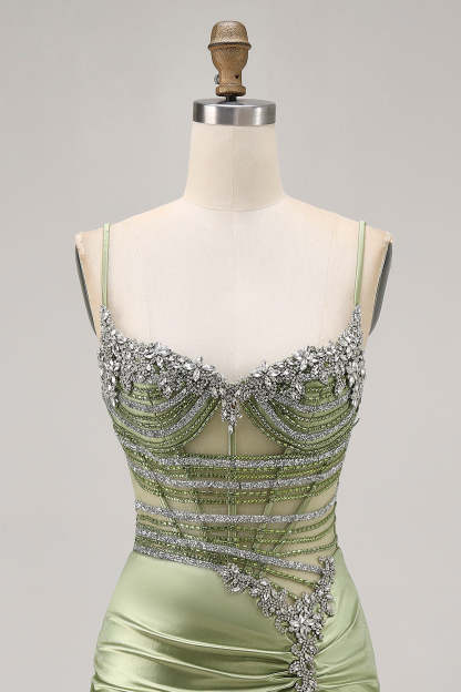 Sage Green Ruched Corset Tight Short Sparkly Homecoming Dress with Rhinestones