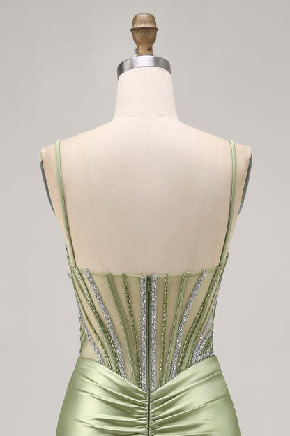 Sage Green Ruched Corset Tight Short Sparkly Homecoming Dress with Rhinestones