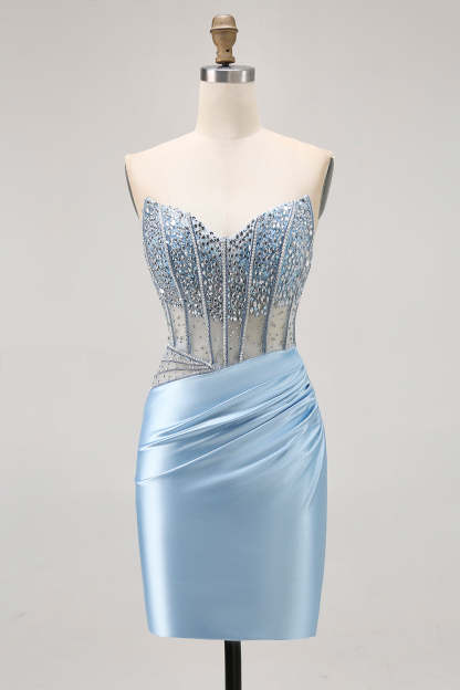 Leely Women Sparkly Light Blue Tight Short Corset Homecoming Dress with Rhinestones Satin Strapless Ruched Cocktail Dress