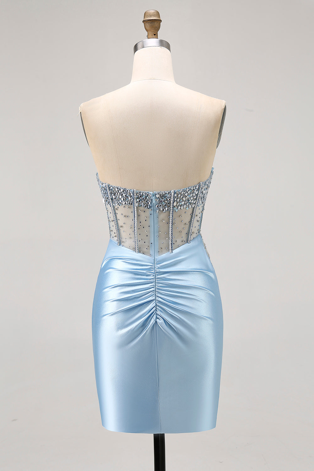Sparkly Light Blue Strapless Tight Short Corset Homecoming Dress with Rhinestones