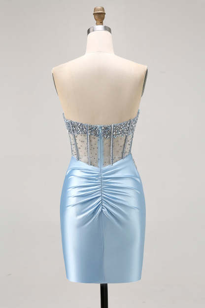 Sparkly Light Blue Strapless Tight Short Corset Homecoming Dress with Rhinestones
